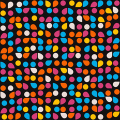 Colorful drops pattern. Vector dots and drops abstract ornament. Mosaic avant garde canvas. Decorative shapes make mosaic art.