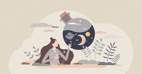 Aspiration for path direction exploration and find vision tiny person concept. Stars in bottle as future vision or look in fantasy to search for right answers vector illustration. Astronomy strategy. - obrazy, fototapety, plakaty