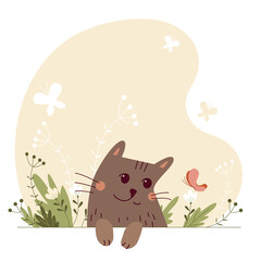 Cute nice cat between plants and flowers. Vector cartoon pet watching butterfly. Summer warm illustration.