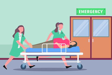 Emergency vector concept: Nurse team carrying pregnant woman to emergency room 