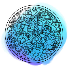 Mandala. Line art. Background. Watercolor spot. Colored aquarelle blotch. Hand drawn circle zendala on isolated background. Bright stain. Print for polygraphy and textiles. Tribal texture. Zen art