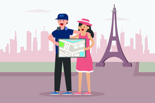 Quality time vector concept: Young couple enjoying holiday in eiffel tower while take a picture together 