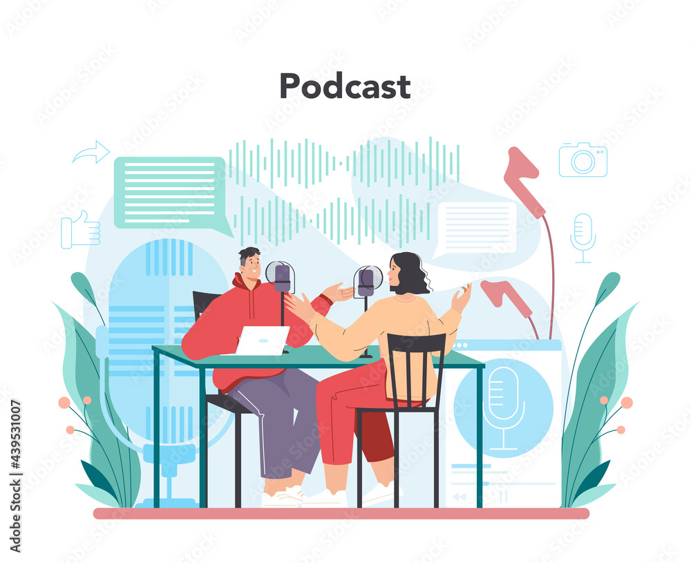 Poster blogger concept. sharing media content by a broadcast in the studio.