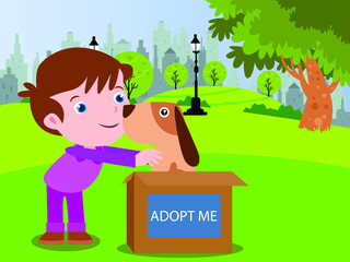Obraz na płótnie Canvas Adoption vector concept. Happy little boy found abandoned dog in a cardboard with Adopt Me text at the park
