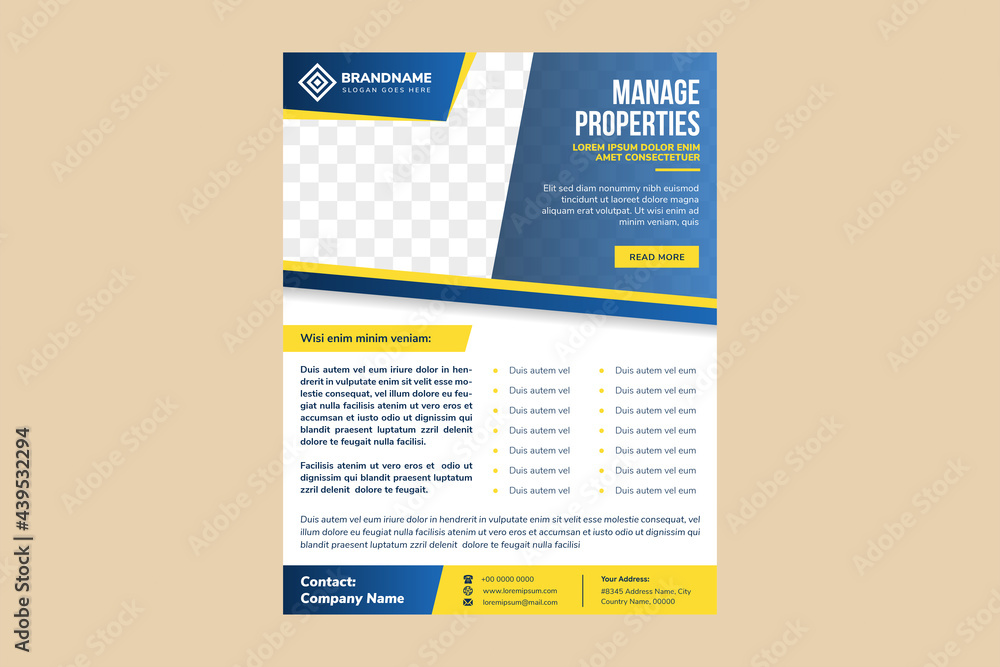 Poster manage properties flyer design template use vertical layout with combination blue gradient and yello