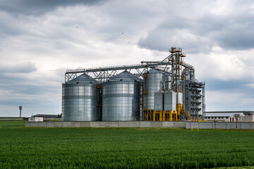 Obraz premium Modern Granary elevator and seed cleaning line. Silver silos on agro-processing and manufacturing plant for processing drying cleaning and storage of agricultural products, flour, cereals and grain.