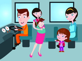 Child help vector concept. Little girl offering woman carrying baby to sit on the chair in the bus