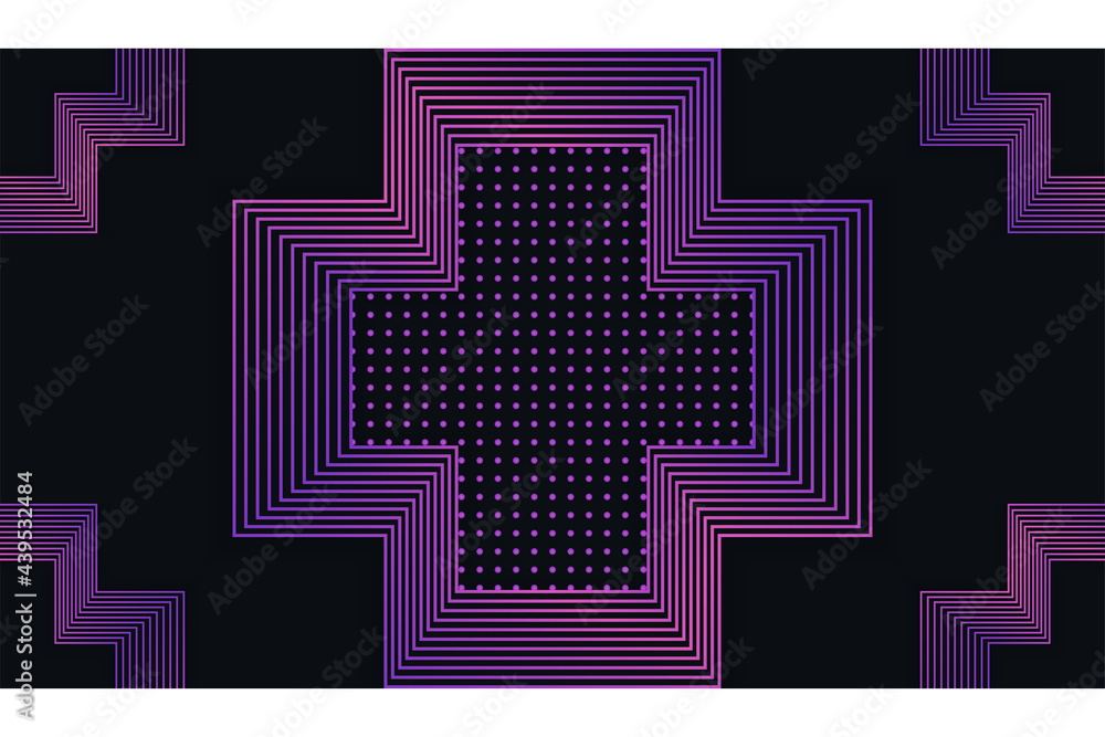 Poster purple neon color cross lines background. line and dot pattern isolated on black background.