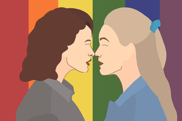 Adult lesbian women face to face looking at each other with love and appreciation on a background Lgbtq social movement flag. Happy pride day 2021.