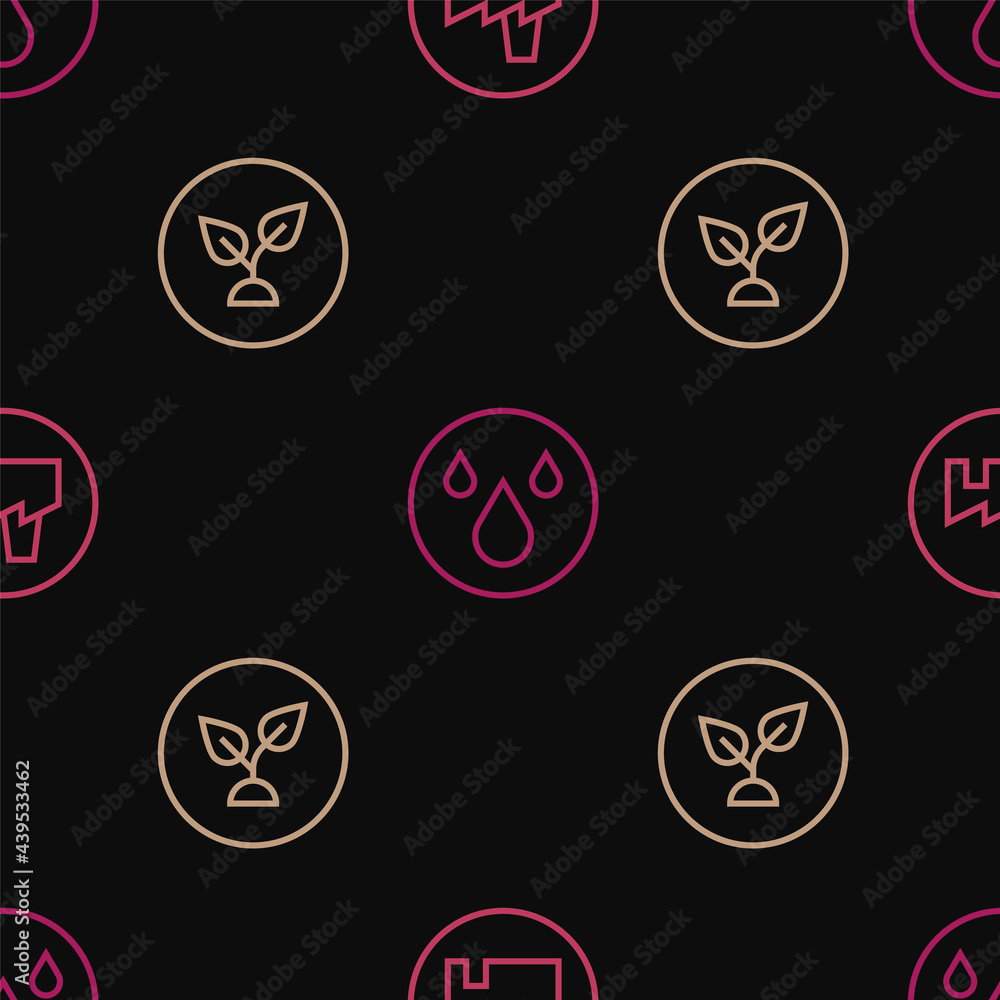 Poster set line factory production, plant based and water drop on seamless pattern. vector