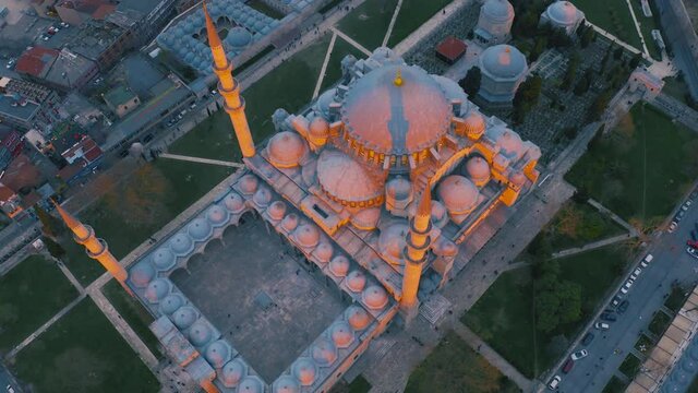 Blue Mosque or Sultanahmet at sunset time in Istanbul, Turkey. Aerial view 4K.