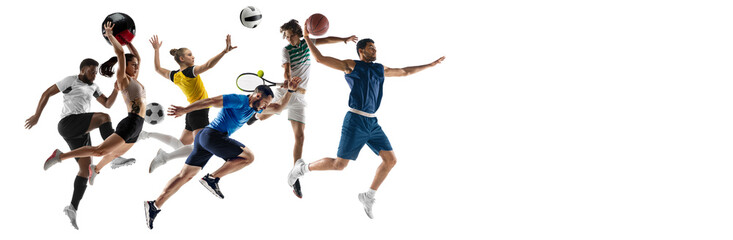 Collage of different professional sportsmen, Basketball, tennis, voleyball, fitness, running, soccer football