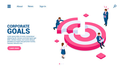 Corporate goals. Concept of motivation and teamwork, coaching and tutoring, in enterprise cooperation, business planning. Vector illustration in isometric style. Isolated on white background.