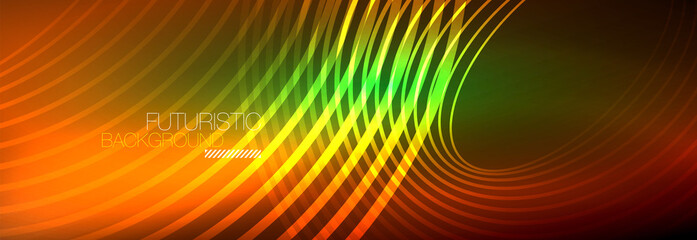 Dark abstract background with glowing neon circles. Trendy layout template for business or technology presentation, internet poster or web brochure cover, wallpaper