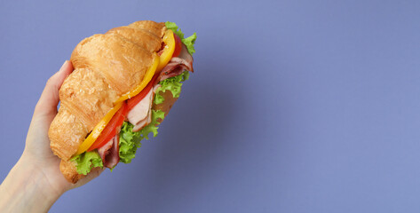 Female hand hold croissant sandwich on violet background