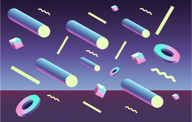 1980 memphis style design with geometric elements on a purple cyberpunk grid background 