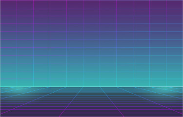 Simple 1980's vintage cyberpunk laser perspective grid, blue retro computer screen concept