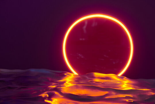 Glowing neon red circle ring line with reflections on water