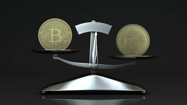Loop 3d animation of the confrontation between the bitcoin cryptocurrency and the US dollar. The idea of opposing new digital currencies and traditional financial systems.