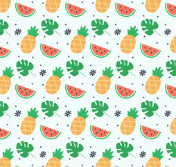 Pattern, watermelon, pineapple, tropical leaf, fruit.