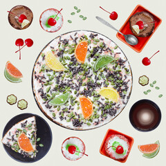 Various sweet cakes and coffee on a light background. Top view