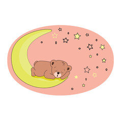 Cute children's postcard. A small teddy bear sleeps on the moon, in a pink sky, in the form of an ellipse with stars.