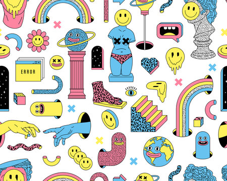 Surreal vector seamless pattern with sculpture, emoji, rainbow, arch, space, stairs in trendy weird cartoon style.