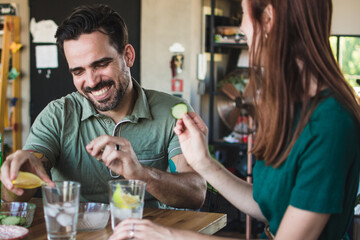 Sharing about the day over cocktails at home