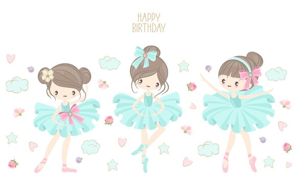 Cute ballerina on the background of stars, clouds and hearts. Vector illustration in a simple style.
