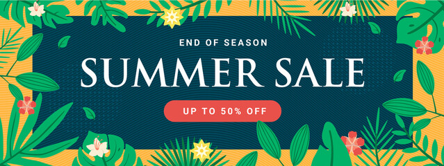 Special offer summer sale banner template with square frame and green gradient leaf premium Vector