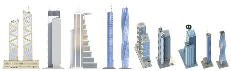 10 side view detailed renders of fictional design corporate tall buildings with cloudy sky reflections - isolated, 3d illustration of skyscrapers