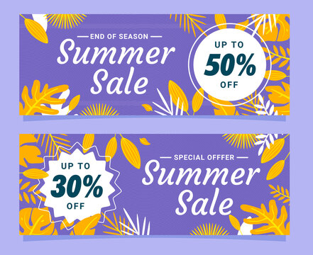 elegant end of season summer sale banner set template with purple and yellow leaf premium Vector