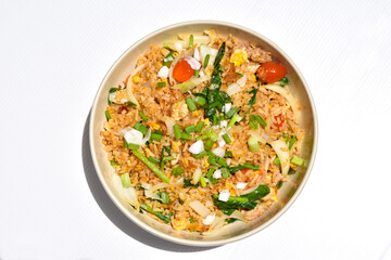 close up of home made fried rice on white backgrounds
