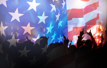United States flag - crowd celebrating 4th of July Independence Day.