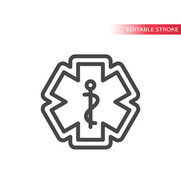 First aid, medical emergency vector icon. Rod of asclepius or aesculapius with snake, ems icon, editable stroke.