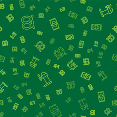 Set line Pretzel, Dispenser beer and Beer can on seamless pattern. Vector