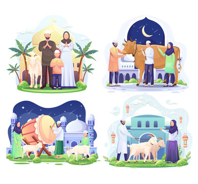 Set Bundle of Happy Muslim family celebrates Eid Al Adha Mubarak with a goat in a front mosque. vector illustration
