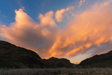 Stunning sunrise and sunset clouds in South America, epic natural scenes. The location is in Torres del Paine National Park, Chile. Wonderful sky background image.
