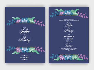 Wedding Invitation Card Template Layout Decorated With Colorful Floral In Front And Back View.