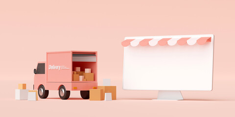 E-commerce concept, Shopping and delivery service online, Transportation by truck, 3d illustration - obrazy, fototapety, plakaty