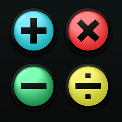 Obraz premium Calculator sign button. Plus, minus, multiplication, and division sign. Mathematical concept. Colorful button. Isolated on dark background. Illustration vector