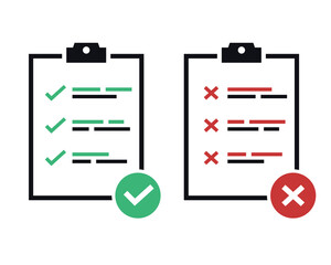Clipboard icon with check mark and cross mark. Symbols yes and no. Task, report, Worksheet. Illustration vector