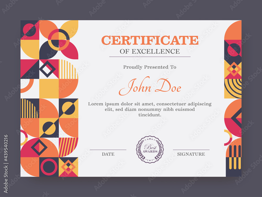 Poster certificate of excellence template design with colorful abstract geometric pattern.