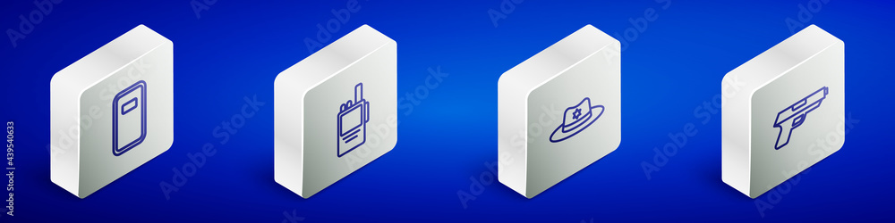 Sticker Set Isometric line Police assault shield, Walkie talkie, Sheriff hat with badge and Pistol or gun icon. Vector