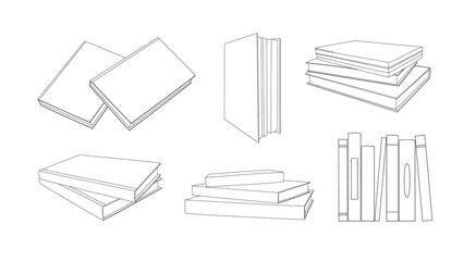 Vector illustration of different stacks of books. Line art. Hand-drawn set. The concept of objects for learning, reading. School tools. Suitable for book shops, a publishing houses.