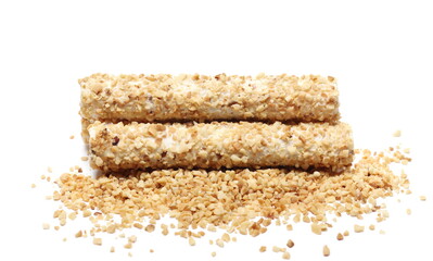 Waffle rolls with chocolate filling in peanut glaze isolated on white background