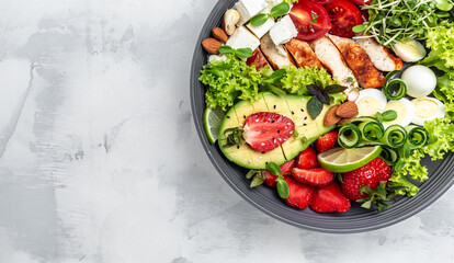 Healthy salad for keto diet. Salad lunch bowl with grilled chicken and avocado, feta cheese, quail eggs, strawberries, nuts and lettuce, Keto lunch, Keto Diet. top view