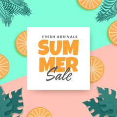 Summer Sale Poster Design Decorated With Lemon Slices, Tropical Leaves On Green And Pink Background.