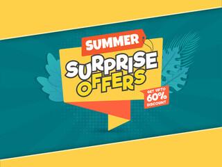 UP TO 60% Off For Summer Sale Poster Design In Yellow And Teal Color.