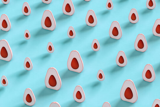 Pink avocados on blue background